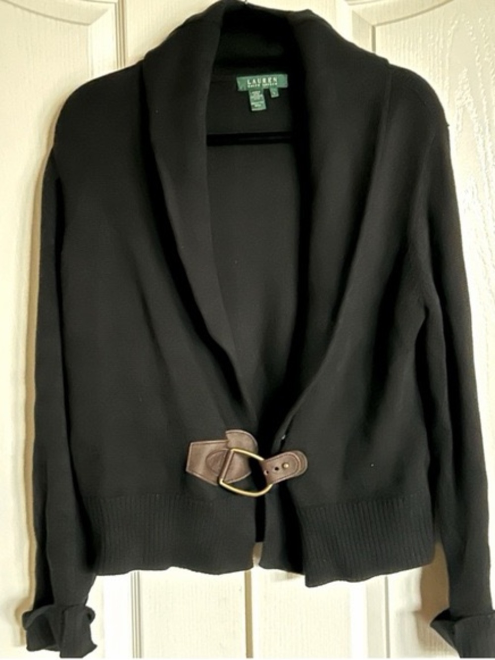 Vintage Lauren Ralph Lauren Black Sweater with Gold Buckle Wrap 100% Cotton